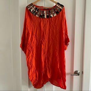 Deep Orange caftan style tunic blouse with intricate heavy collar embellishment